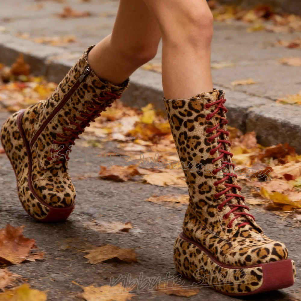 Knee High Boots Platform Leopord Side Zipper Round Toe Thick Bottom Women Shoes Mixed Color Leather Luxury Elegant Novelty New