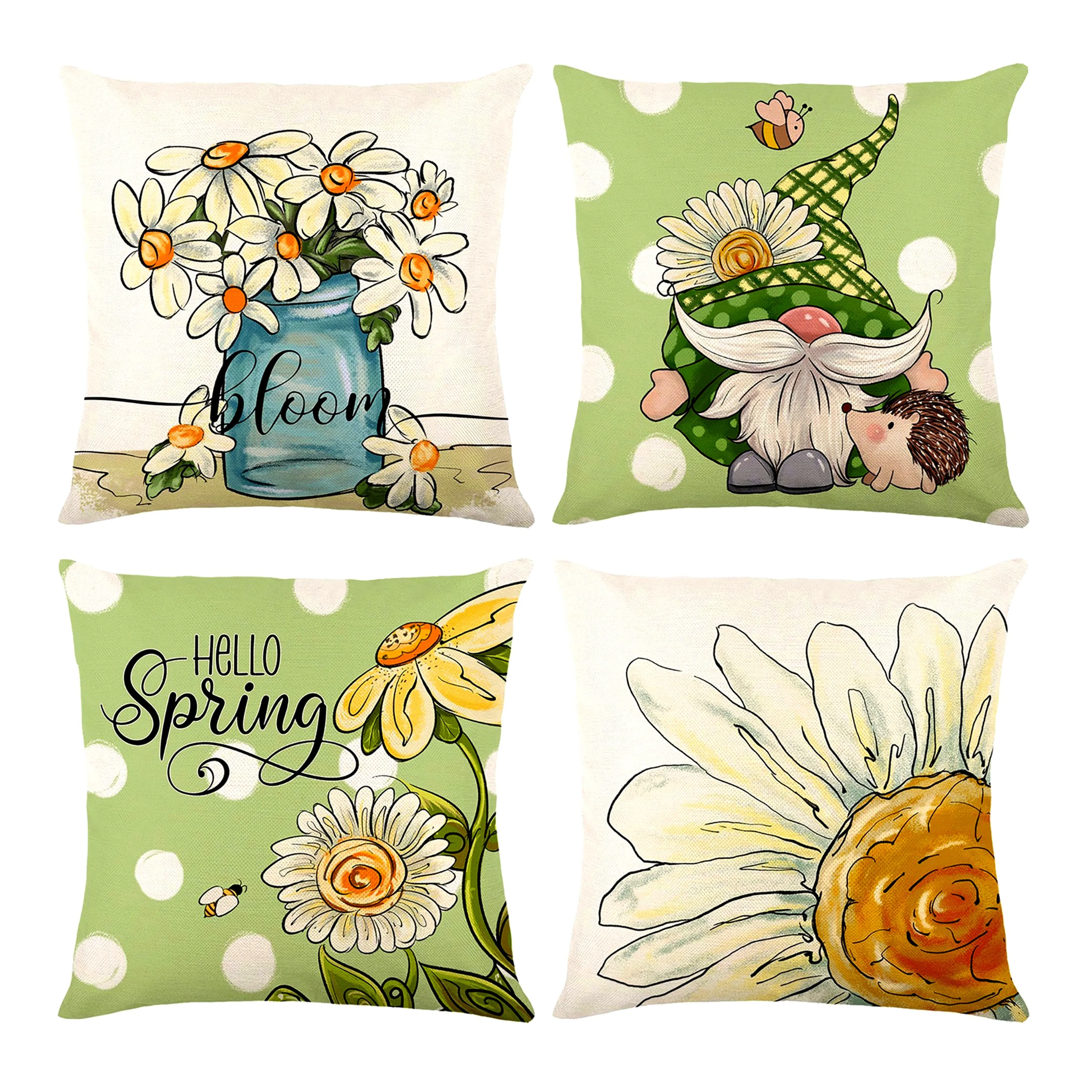 Set of 4 Floral Spring Throw Pillow Covers Cute Daisy Bloom Cottagecore Home Decor Cushion Case Seasonal Living Room Accent Gift