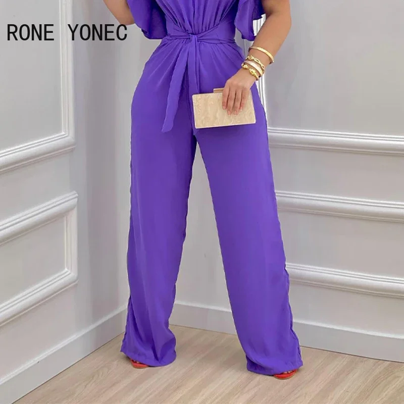 Women Elegant Solid Short Ruffle Sleeves Slash Collar Lace Up Straight Leg Casual Working Jumpsuit