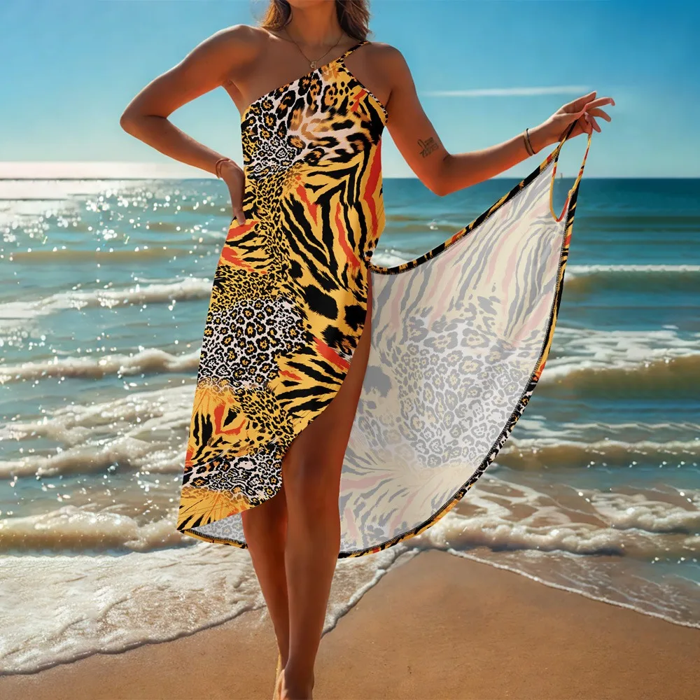 

Fashion Leopard Print Women Wrap Up Dress Sleeveless Loose Shiny Beach Sundress Star Print V-neck Cover Up Skirts Holiday