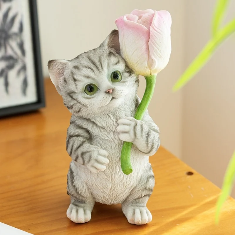 Resin Handicraft Cartoon Ornaments Flower Kitten Decorative Figurines Animal Sculpture Home Decoration Accessories