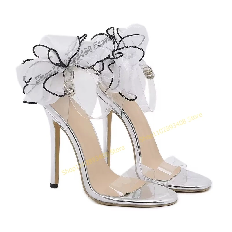 

Clear PVC Mesh Flower Decor Sandals Open Toe Stilettos High Heel Buckle Strap Women Shoes 2023 Fashion Sexy Zapatos Para Mujere