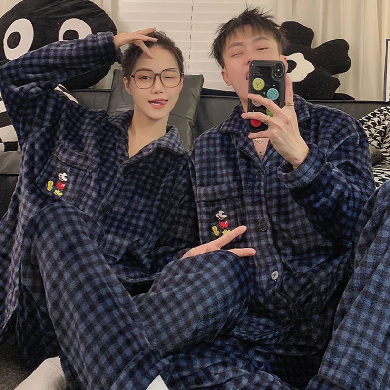 커플 잠옷 여성용 겨울 두꺼운 긴팔 격자무늬 코랄 플리스 홈웨어 커플 코랄 플리스 플란넬 잠옷 파자마 잠옷 파자마 잠옷
