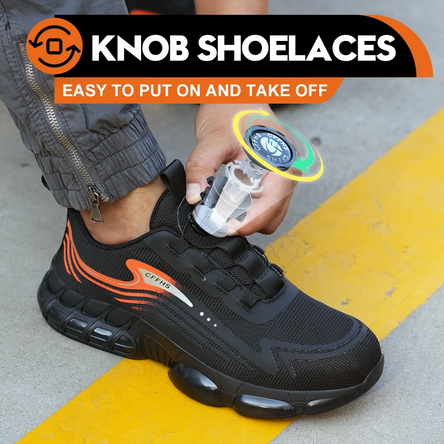Low Top Men Work Shoes Breathable Rotary Button Safety Shoes Soft Work Sneakers Anti-smash Anti-Puncture Construction Work Shoe