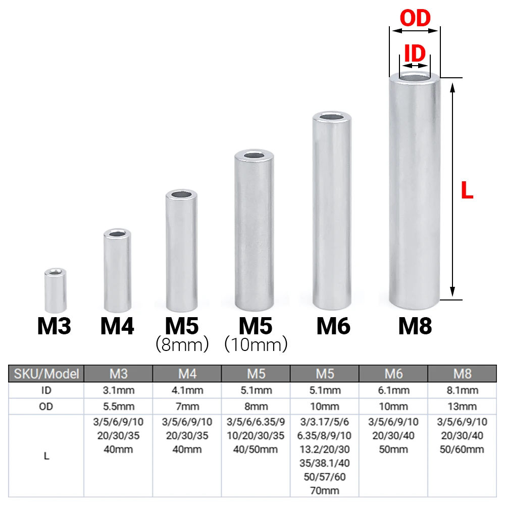 10-100pcs/Lot M3 M4 M5 M6 M8 Aluminium Round Spacers Flat Washer Bushing Gasket Sleeve Unthreaded Standoffs