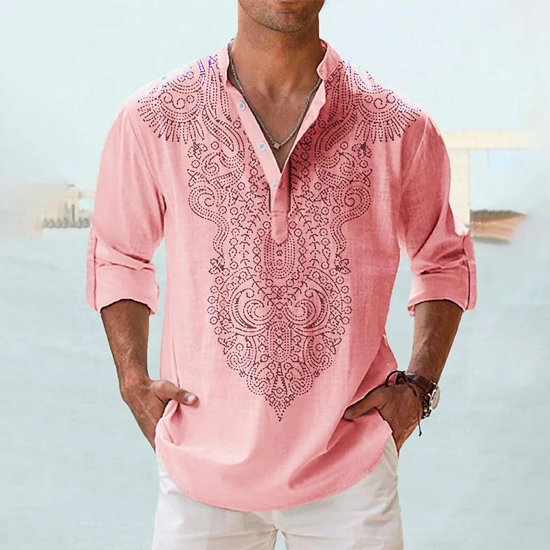 Ethnic Style 3D Print Henley Shirts Men\'s Fashion Vintage Oversized Stand Collar Long Sleeve Shirt Male Tops Blouse Man Clothing