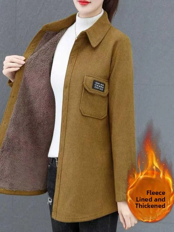 

Fleece Lined Corduroy Casual Long Sleeve Women's Shirt Warmth Outerwear Spring Autumn Fashionable Open Cardigan Top