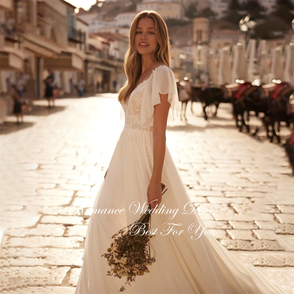 Elegante renda a linha vestido de casamento plissado batwing mangas abertas volta chiffon appliqued vestido de noiva vestidos de novia personalizado