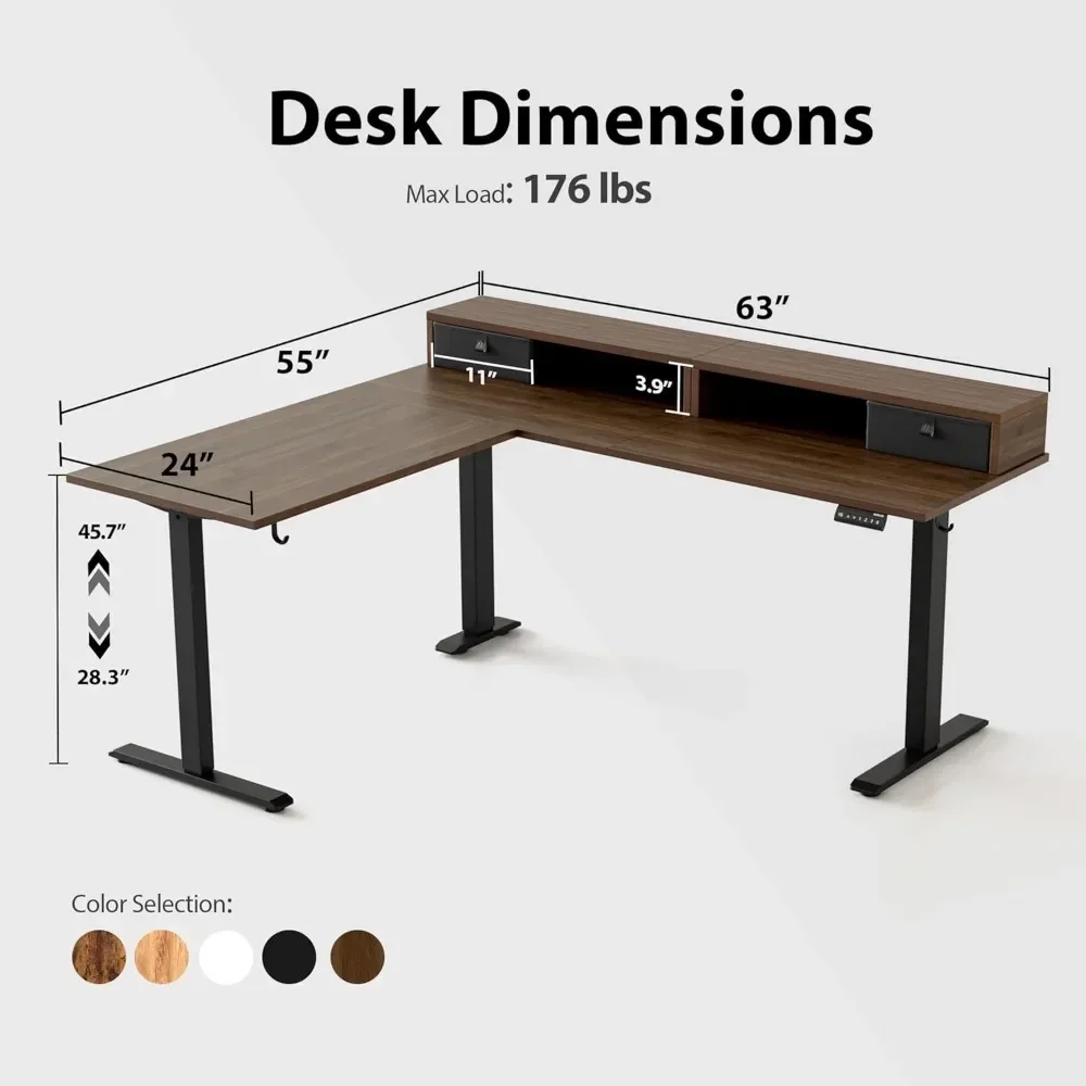 63 x 55 INCH L Shaped Electric Standing Desk with 2 Drawers, Ergonomic Adjustable Height Desk with Storage, for Work Office Home