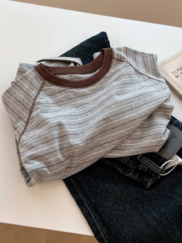 

plus Size Women's Striped Long Sleeve T-Shirt Loose Fit Base Shirt Summer Casual Style Polyester Fiber round Neck Top