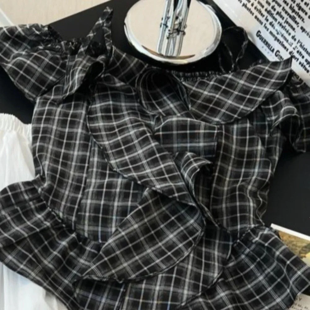 

Плиссированное короткое платье с оборками и сетчатыми вставками, на одно плечо, с бретелями, для девочек, с пышными рукавами, свободное, с юбкой, топ-камизоль, детское клетчатое платье