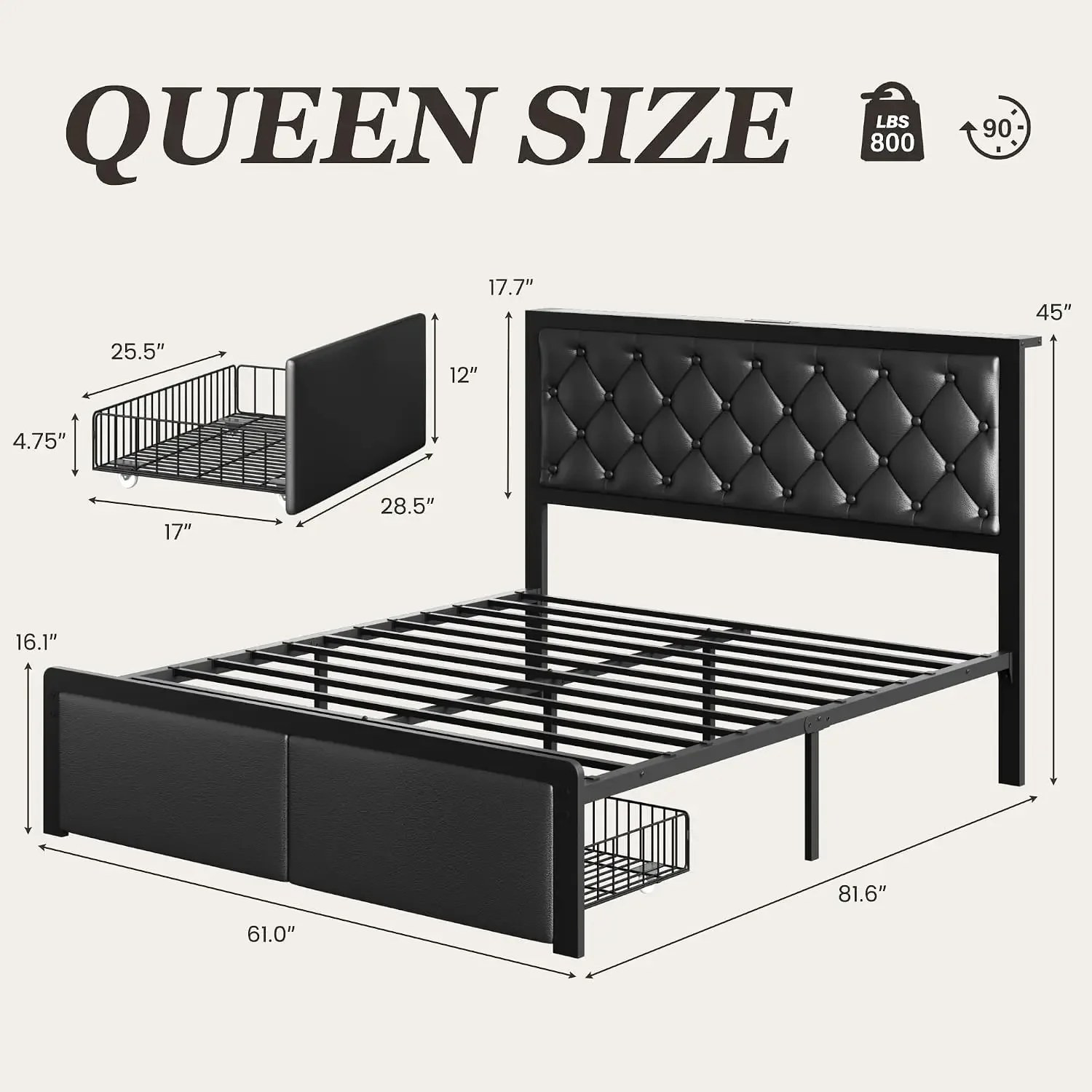 Queen Bed Frame with 2 Storage Drawers, Upholstered Headboard Button Tufted Bed Frame with Charging Station, No Box Spring