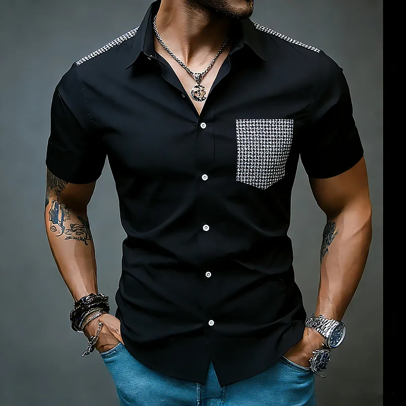 

Menswear Clothing Plaid Patchwork Pocket Designer 2026 Summer Tops Short Sleeve Man Camisas Social Business Shirts Streetwear