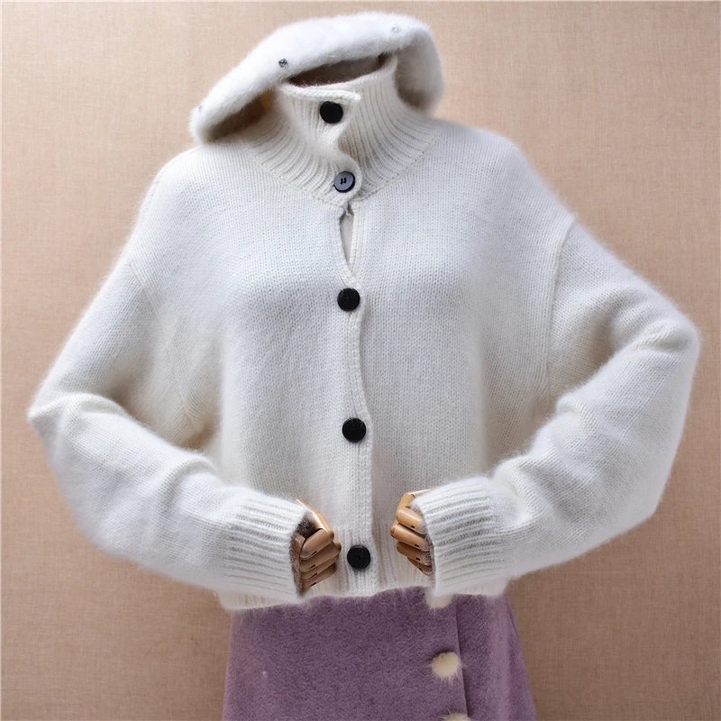 

Ladies Women Autumn Winter Fashion Beige Angora Rabbit Hair Knitted Turtleneck Long Sleeves Crop Top Short Cardigans Sweater Top