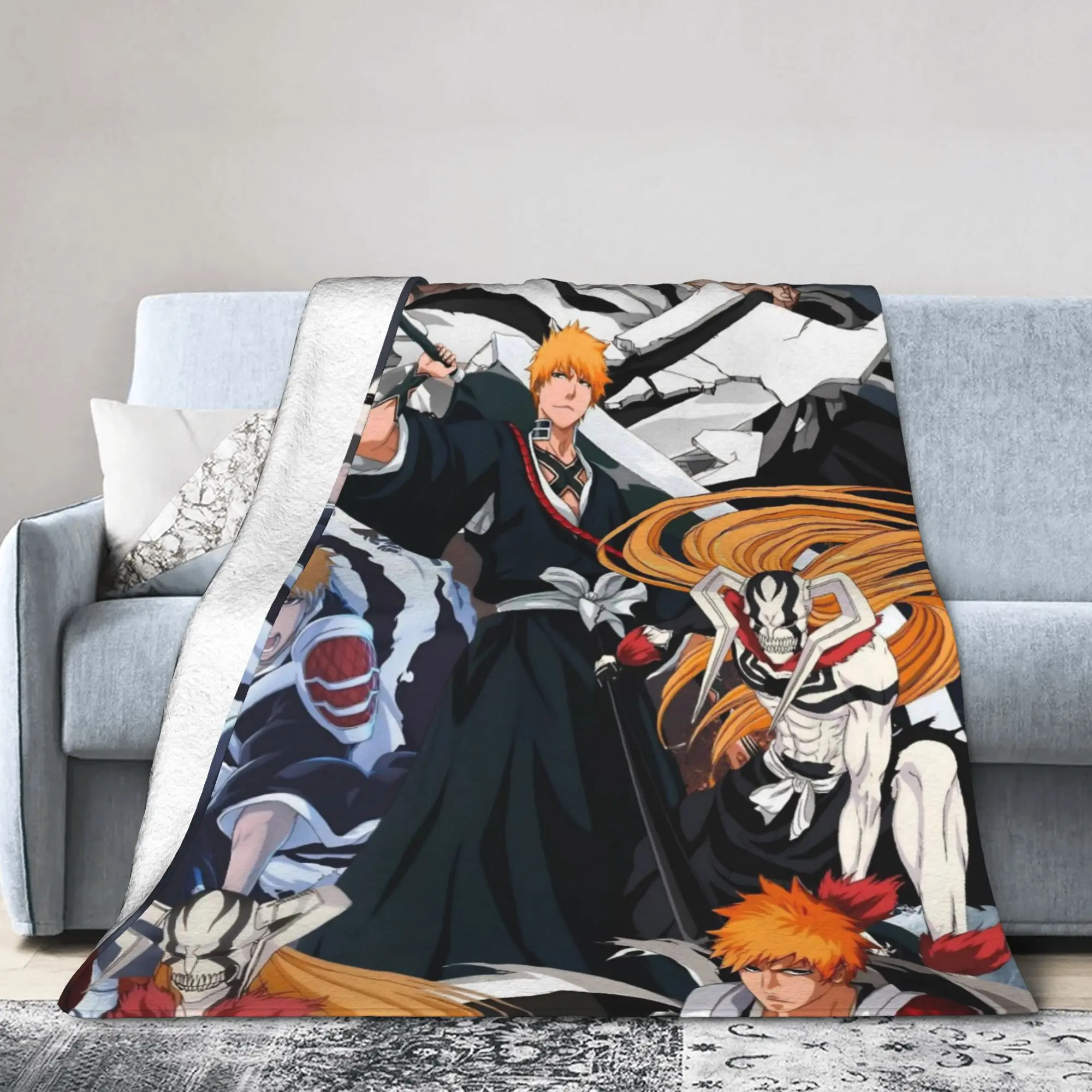 Kurosaki Ichigo Knitted Blankets Fleece Bleaches Anime Soft Throw Blankets for Airplane Travel Bed Rug