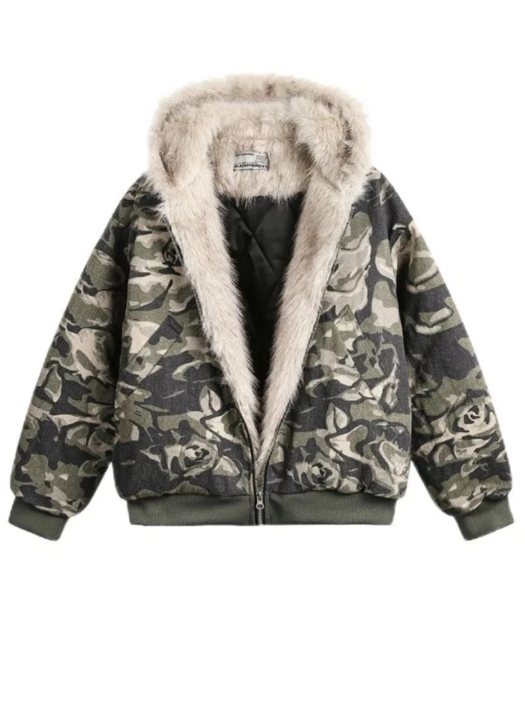 للجنسين الشتاء التمويه قماش الفراء طوق معطف شيربا اصطف المتضخم البخاخ مقنعين سترة زوجين مطابقة الشارع القطن سترات #5