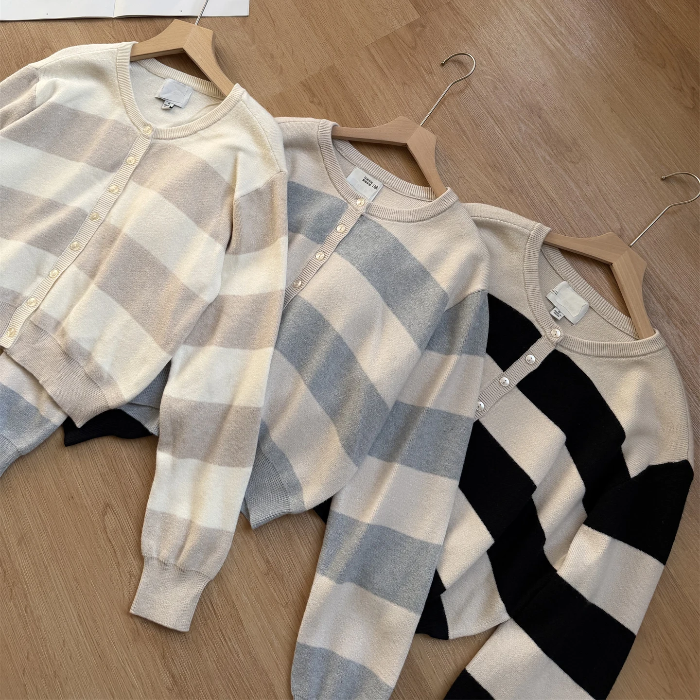 Cárdigan Corto de Punto con Cuello a Rayas Clásico, Estilo Japonés, Cálido y E, Estilo Casual para el Trabajo, Manga L...