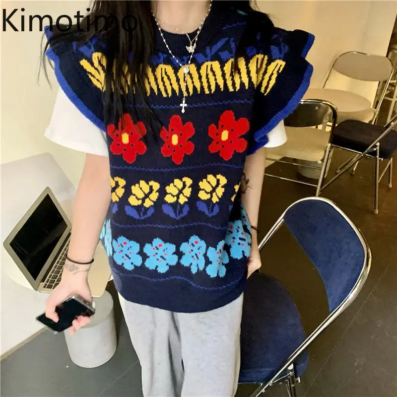 Kimotimo Sweet Print Knitted Vest Women 2024 Autumn Winter Vintage Overlap Flying Sleeve Sweater Fashion Outwear Loose Pullover