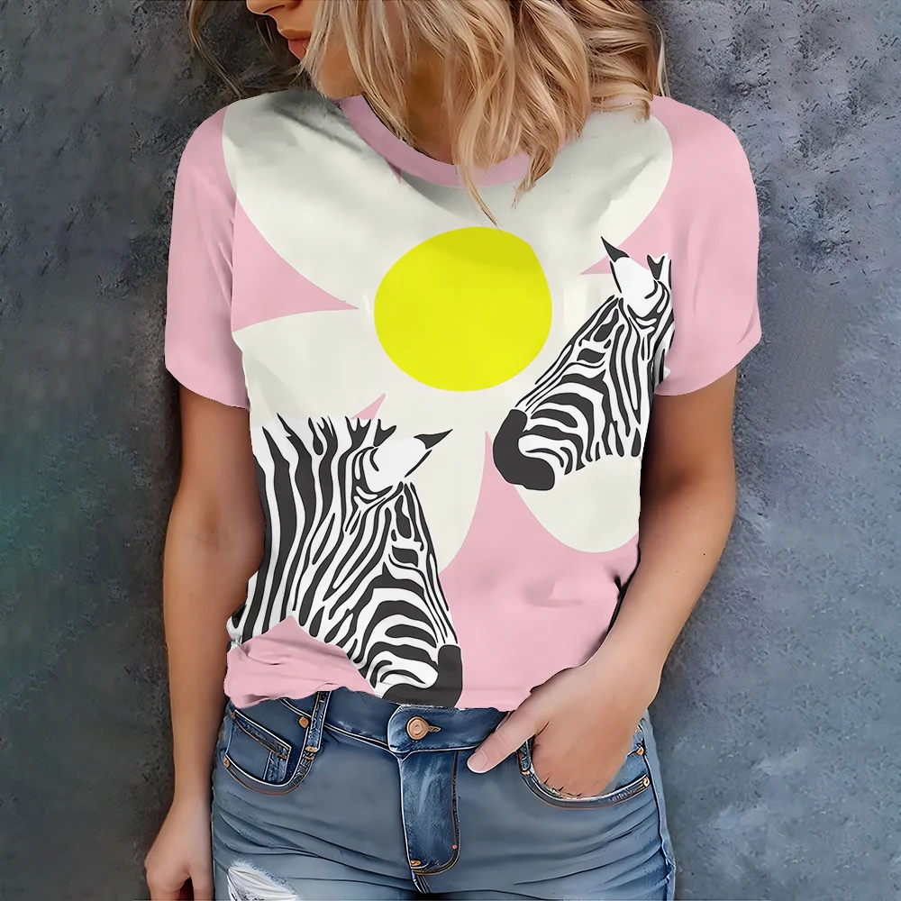 

Playful and fashionable pink base zebra flower print daily casual women's summer short sleeved T-shirt