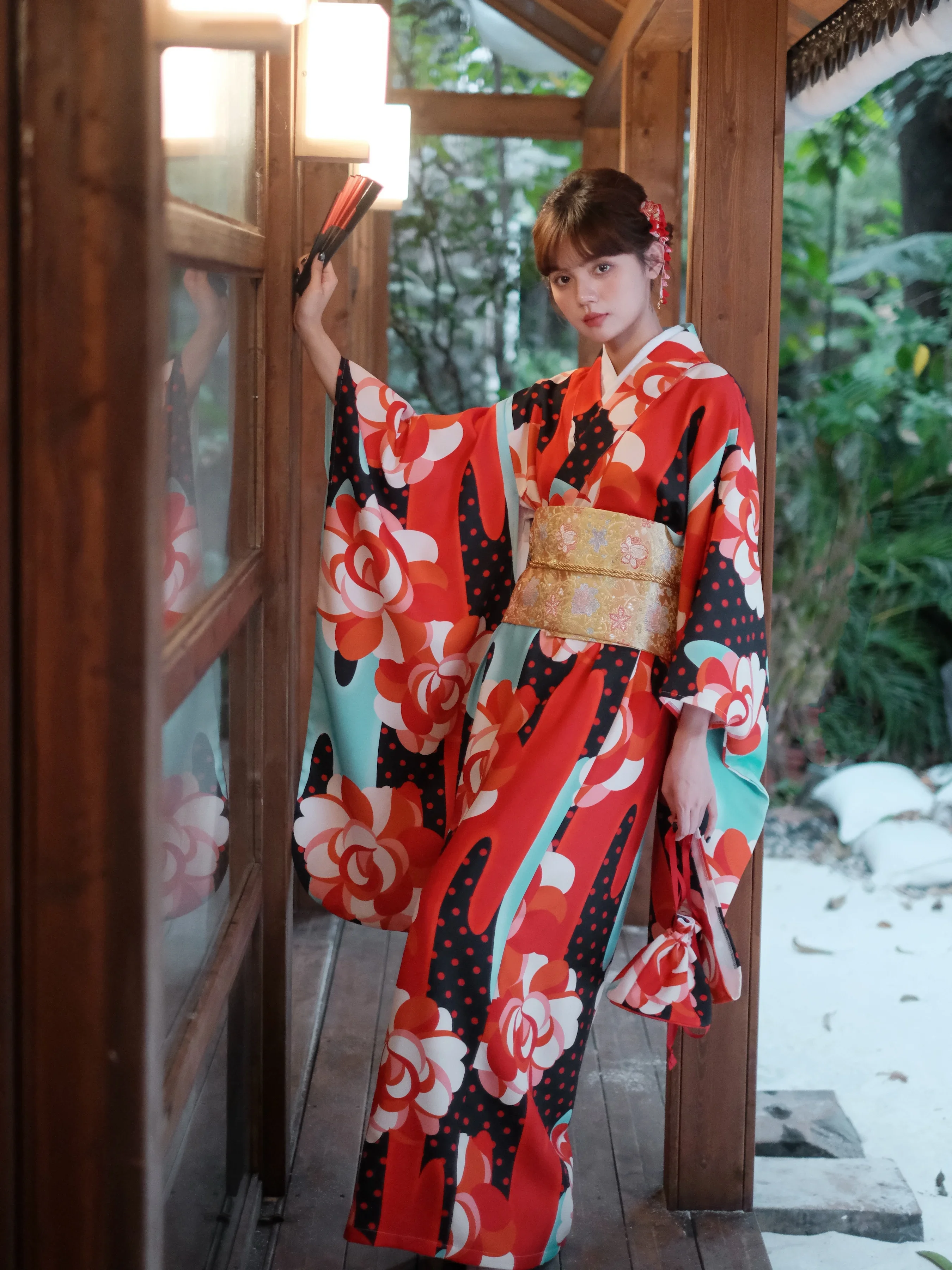 

Women Formal Yukata Japan Style Traditional Red Color Long Sleeve Kimono Performing Dress Cosplay Costume