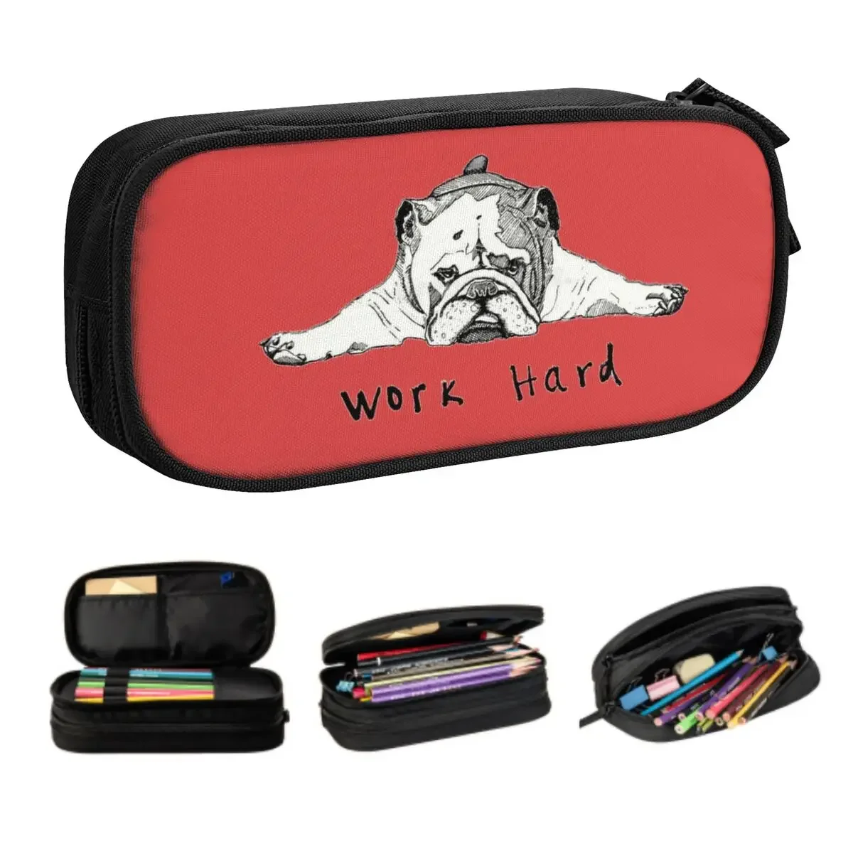 Custom Funny French Bulldog Hard Work Korean Pencil Cases Boys Big Capacity Cute Dog Puppy Pencil Bag Pouch Students Stationery