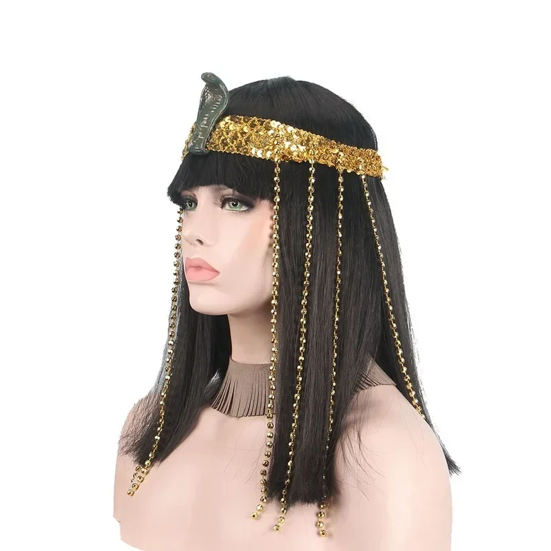 Natural Long Black Straight Hair Egyptian Queen Cosplay Headband Wig Egypt Geography Queen Cosplay Wig Hairpiece Costume Props