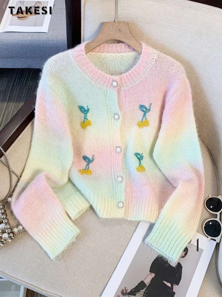 2024 Winter Casual Vintage O-Neck Knitting Long Sleeve Cardigans Women Sweet Single Breasted ELegant Rainbow Loose Sweater