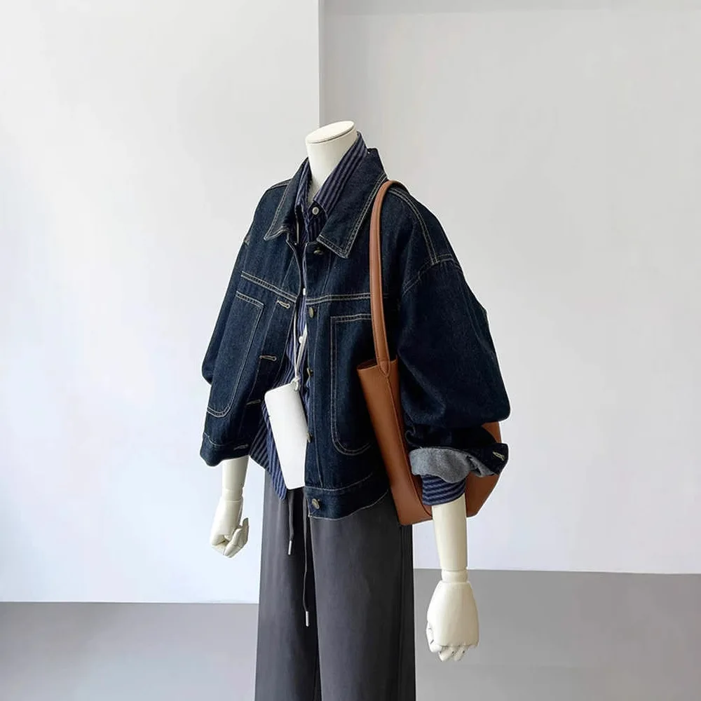 Women's Dark Blue Denim Jacket, Loose Fit Oversized Trucker Coat with Contrast Stitching, Casual Minimalist Outerwear