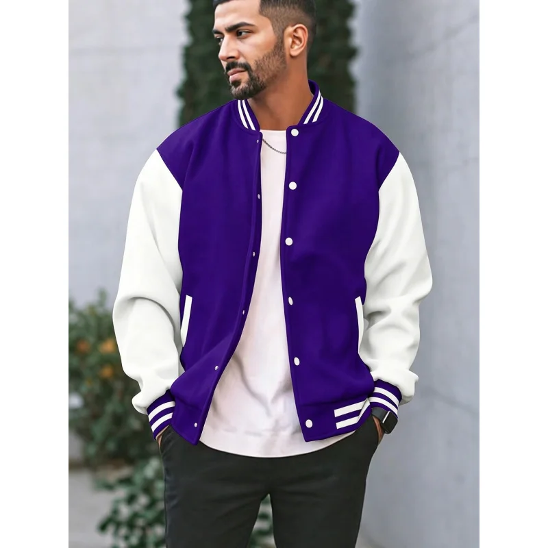 Varsity Jacket Men Color Block Button Up Baseball Coat Striped Rib Cuff Casual Street School Daily Outdoor Outerwear