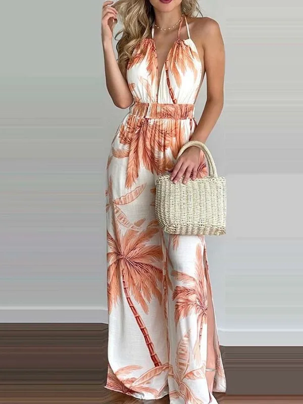 Fashionable Comfortable Knitted Wide Leg Jumpsuit Digital Print Casual Pants High Waist Zipper Long Straight Cut Polyester