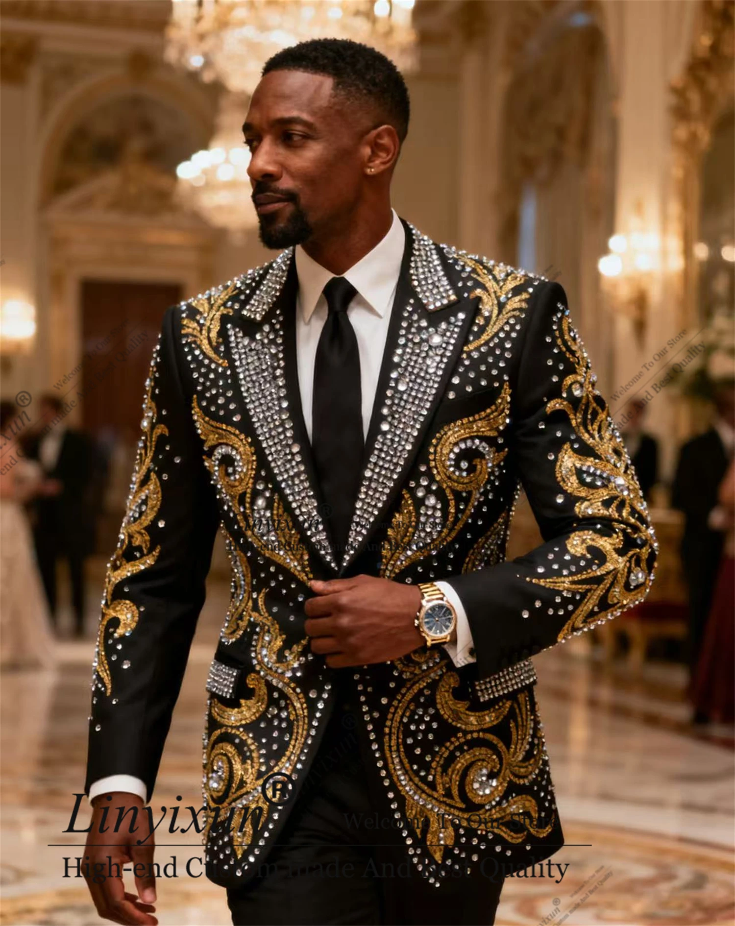 

Luxury Jewel Ornament Men Suit Customized High End Wedding Tuxedos 2 Pieces Sets Groom Male Blazers Peaked Lapel Ropa hombre
