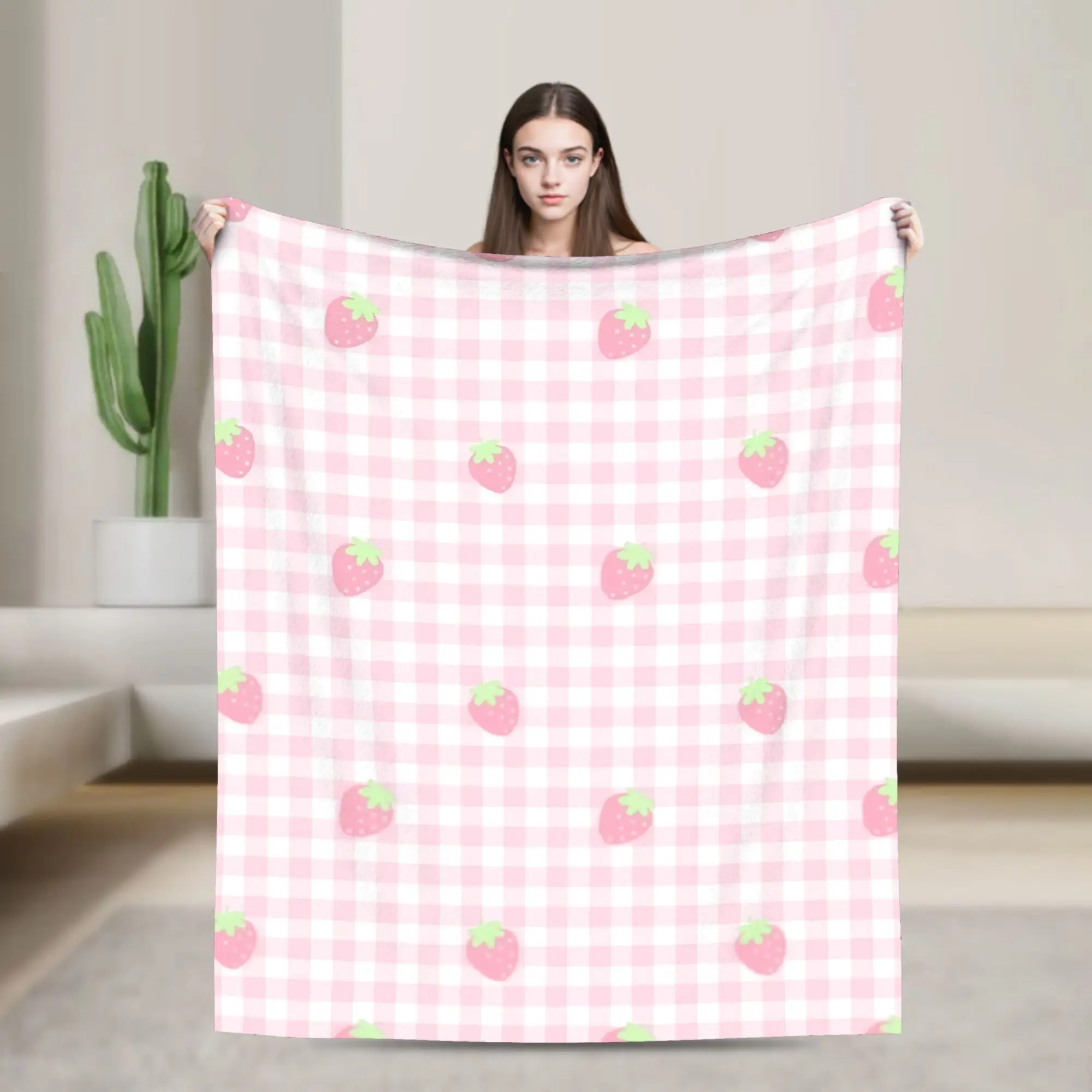 Strawberry Gingham Kawaii Pastel Picnic Blanket  Flannel Funny Warm Throw Blanket for Chair Covering Sofa All Season