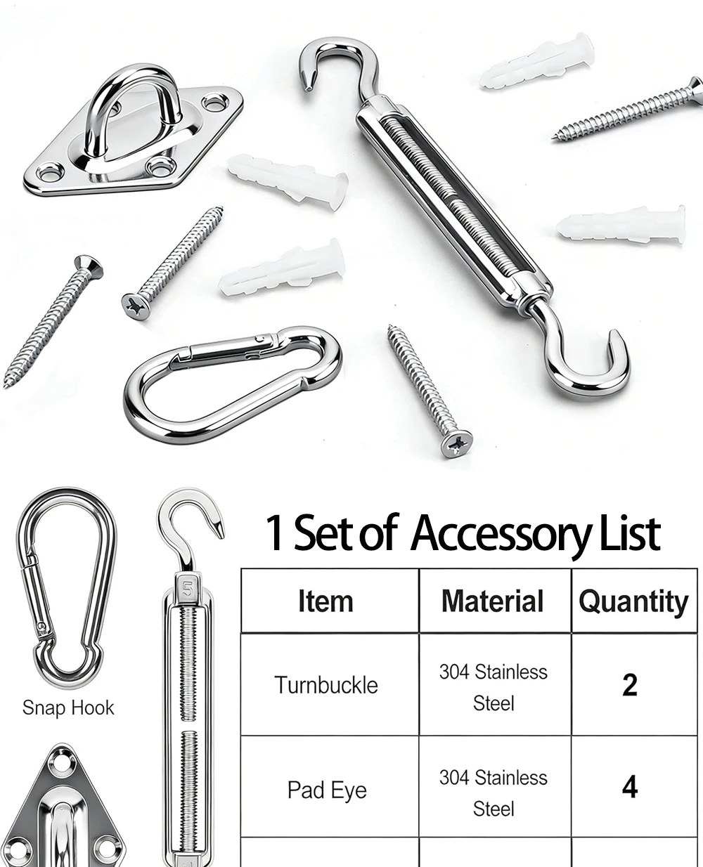 Edelstahl-Sonnensegel-Montage-Set, Hochleistungs-Campingzelt-Hardware-Kit für die Befestigung von Sonnenschutz im Haus- und Gartenbereich. – Detail 2