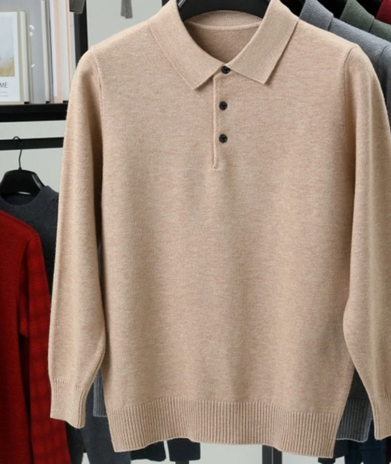 

Autumn and Winter New Warm Soft Pullover Men's Business Lapel Knitwear Casual Solid Color Long Sleeve Polo Shirt Office