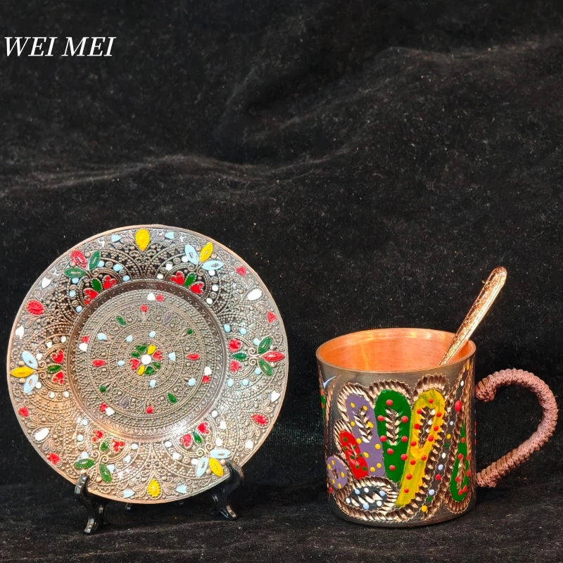 Taza de café pintada con estampado tallado a mano de cobre puro, mango tejido con vajilla de taza de jugo de regalo de arte único de estilo Vintage