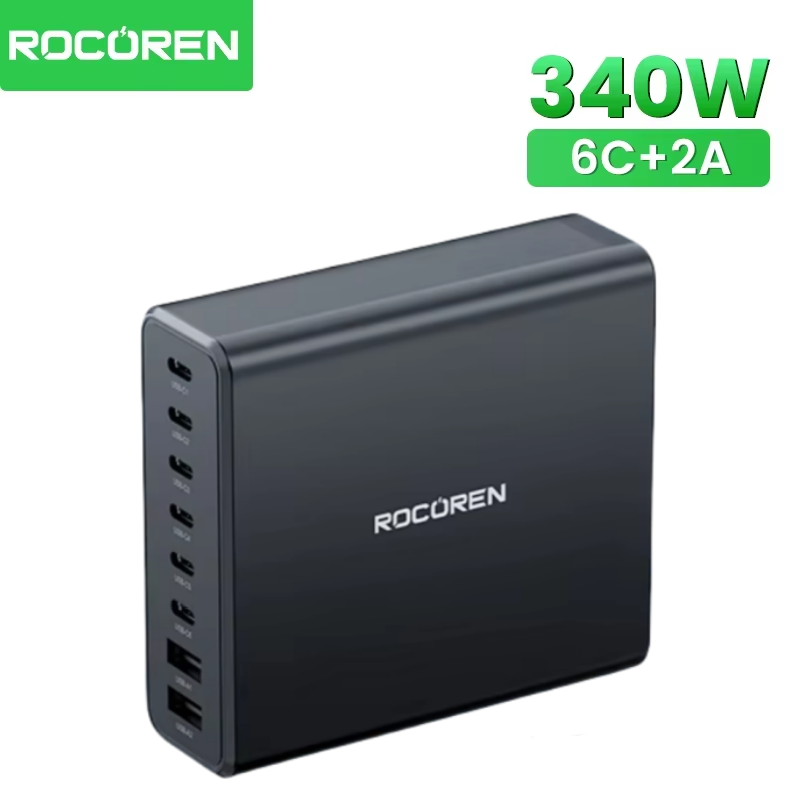 Rocoren 340W Desktop Charger 8-Port PD QC PPS USB Type C Charging Station 100W GaN Fast Charger For iPhone Xiaomi POCO MacBook