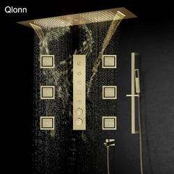 Qlonn 35*12 Inch Multi Functions Big Shower Head Bathroom Set Golden Shower Faucet System Concealed Smart Mixer Thermostat Tap