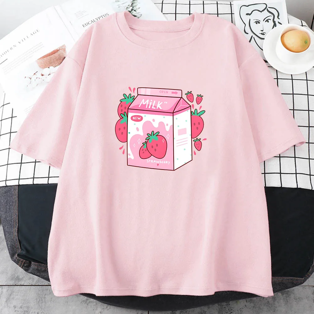 Strawberry Milk Cartoon Printing Tee-shirt Casual Short Sleeve O-neck T-shirts Cotton Soft High Quality Tshirts Women Girls Tees