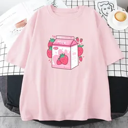 Strawberry Milk Cartoon Printing Tee-shirt Casual Short Sleeve O-neck T-shirts Cotton Soft High Quality Tshirts Women Girls Tees