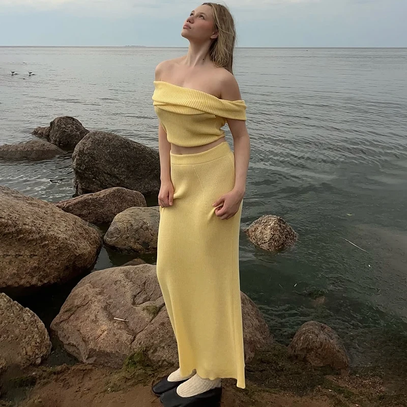 

Ticketsx Solid Knitted Skirt Set Women's One Shoulder Sleeveless Navel Expose Top Slit Skirt Set Female Evening Party Skirt Sets