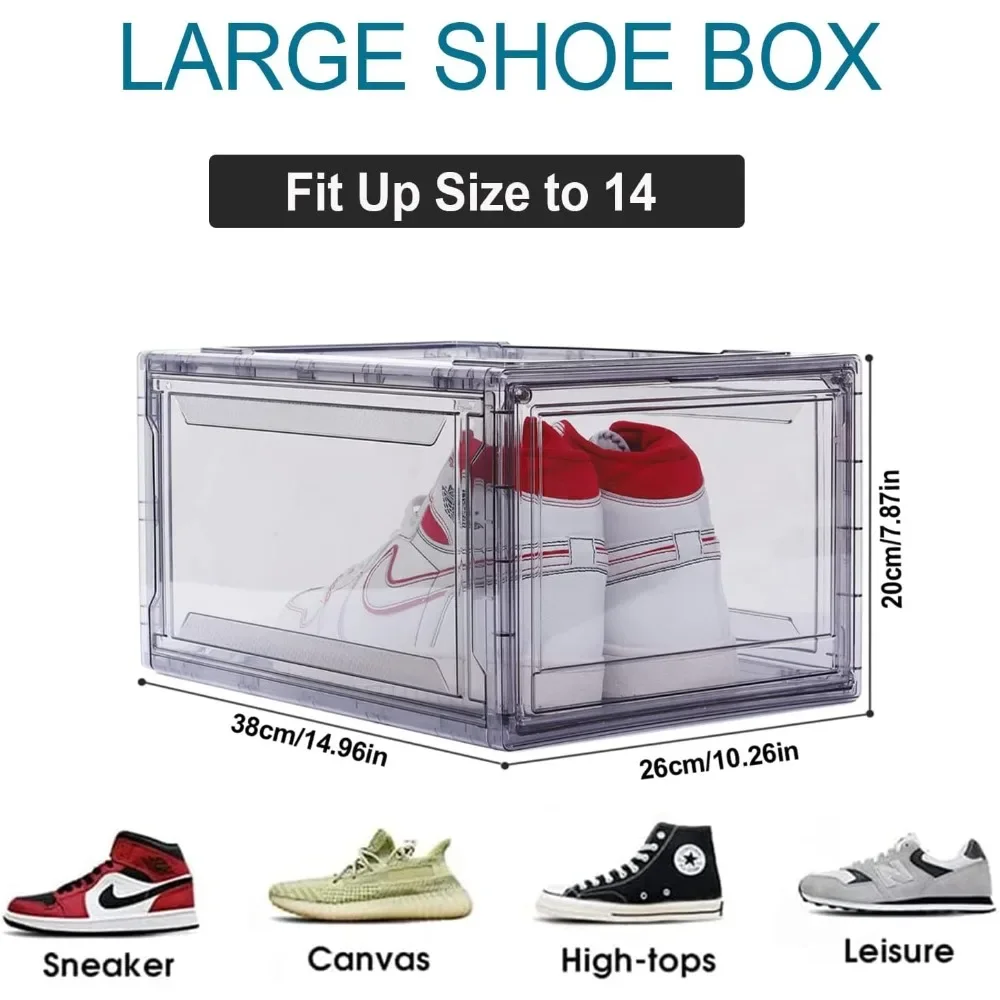 Clear acrylic plastic shoe box stackable, space-saving foldable front drop shoe storage box, container with lid