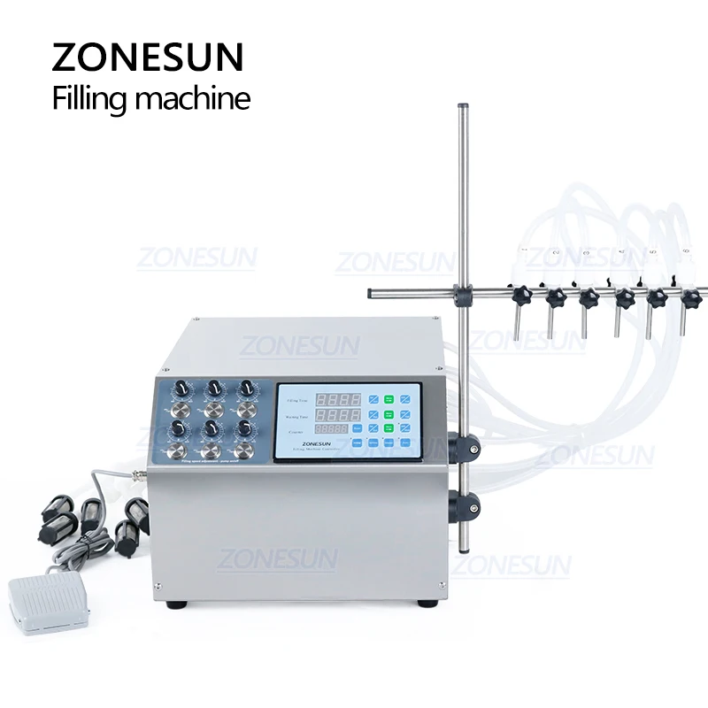 ZONESUN ZS-DPYT6P полуавтоматический мембранный насос с 6 головками, машина для розлива жидкости для духов, воды, сока, эфирного масла