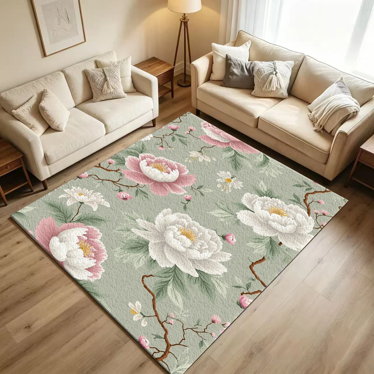 Sage Pastel Peony Floral Carpet Flooring Vintage Botanical Pink White Peony Twig Seamless Art Pattern Printed Floor Rug for Household Indoor Soft Aesthetic Home Decoration