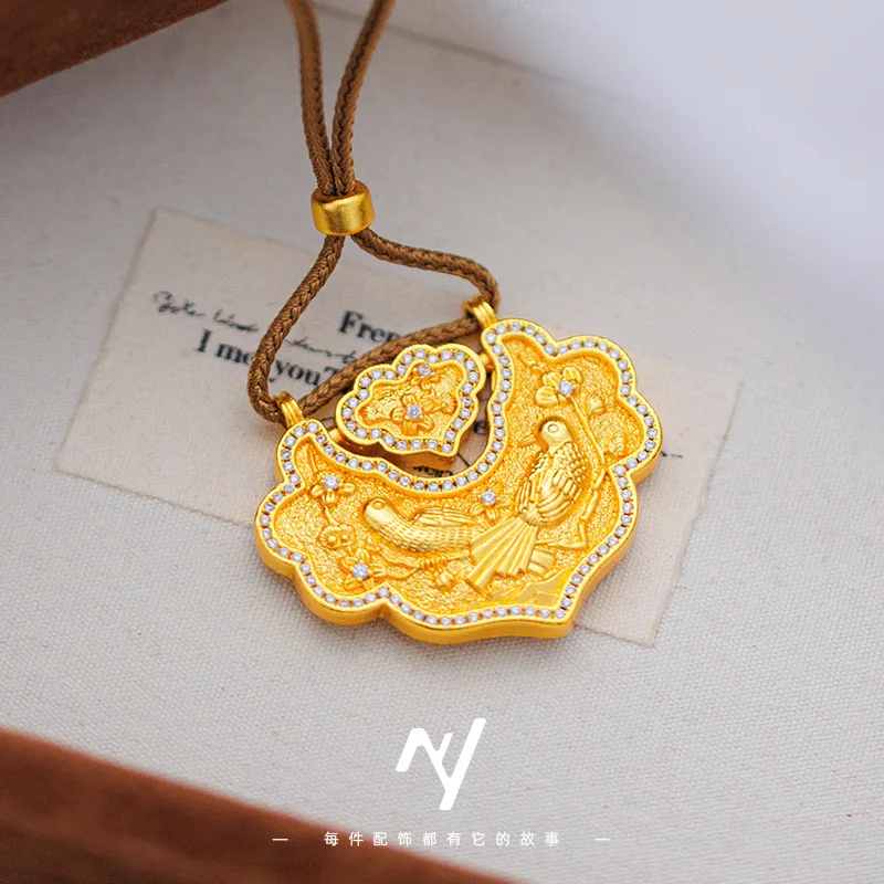 

Luxury 9999 24K real gold ancient method micro-intact diamond ruyi lock bag pendant women's new Chinese-style rope necklace