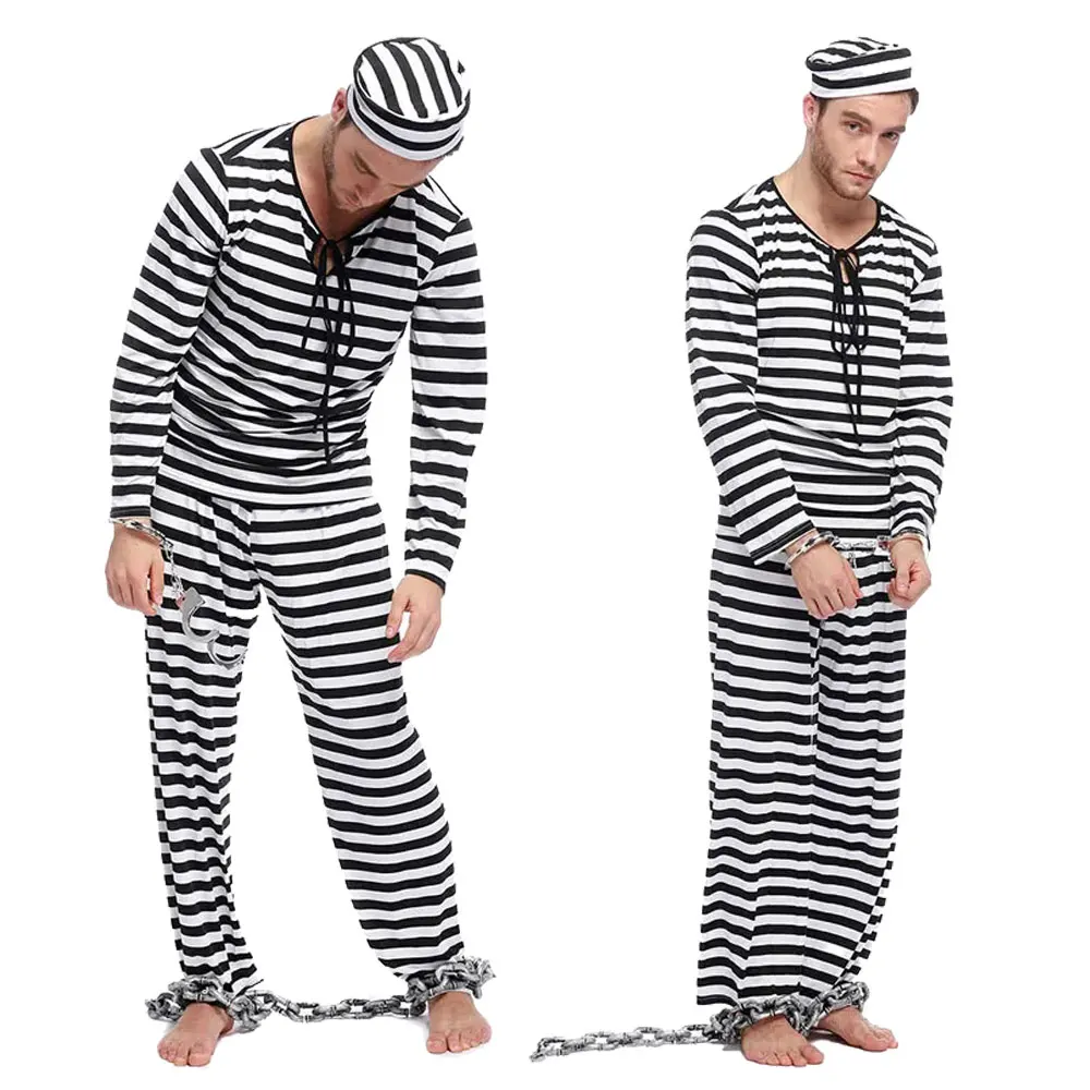 

Halloween Black White Stripe Violent Inmate Role Play Clothes Adult Prisoner Costume Men Prison Costume Cosplay Jumpsuit