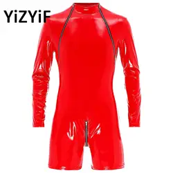 Sexy Heren Rits Kruis Glanzend Lakleer Bodysuit Wetlook Latex Catsuit Boxershort Jumpsuit Rave Performance Clubwear