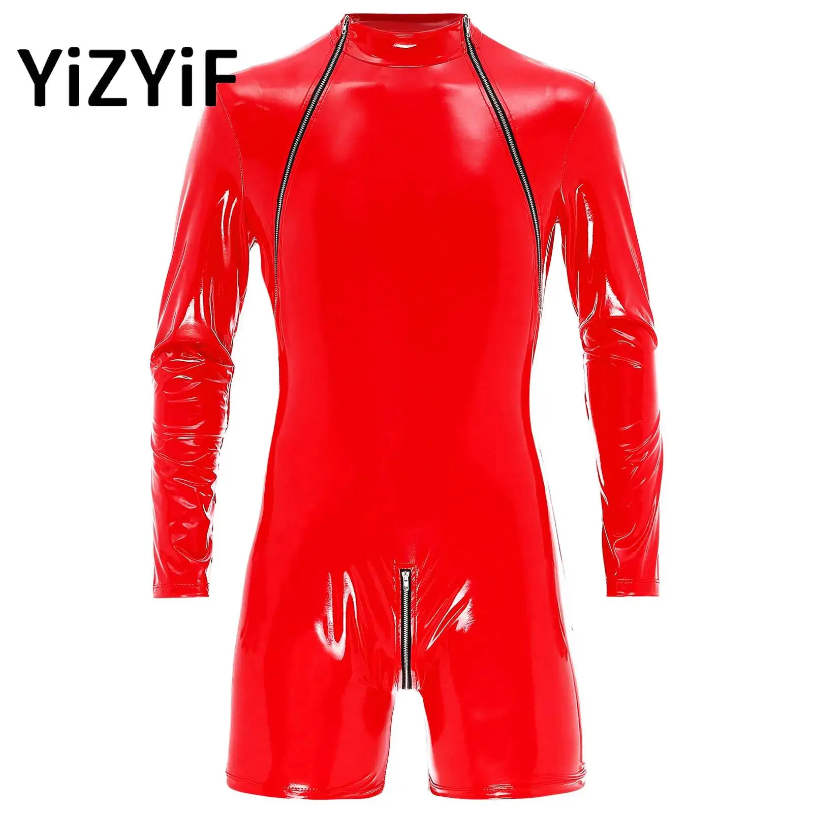 Sexy Mens Zipper Crotch Glossy Patent Leather Bodysuit Wetlook  Latex Catsuit Boxer Shorts Jumpsuit Rave Performance Clubwear