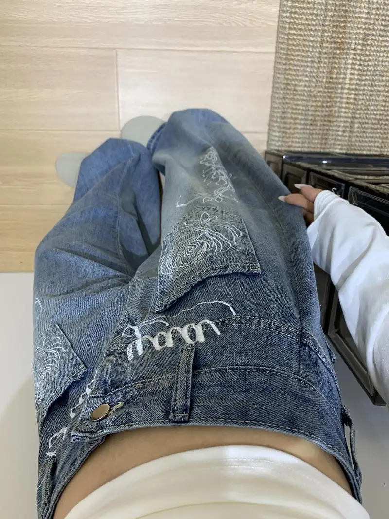 

Blue Waed Floral Letter Embroidery Jeans Men Women Sle Autumn High Street Loose Straight Leg Knife Jeans