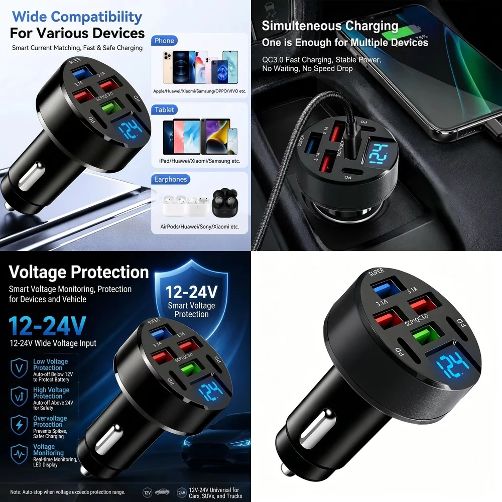6 Port Multi Port Car Charger 100W with LED Digital Display QC3.0 PD USB Fast Charging Adapter for iPhone Samsung Xiaomi