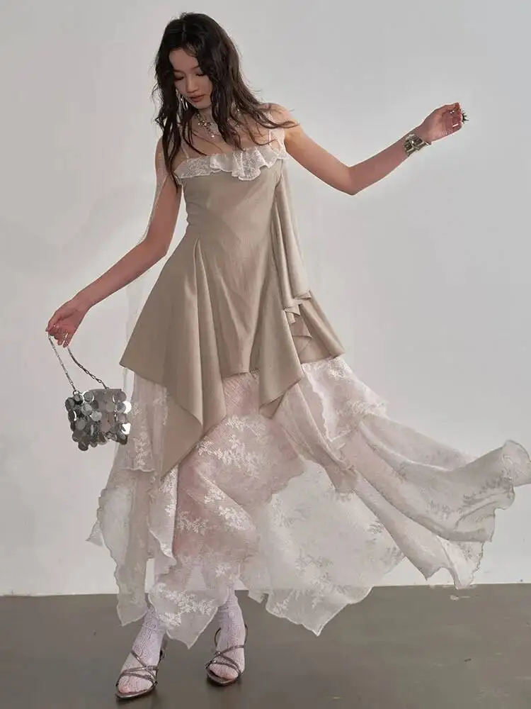 Unregelmäßiges Damen-Kleid in Aprikot mit Stickerei, Elegantes Trägerkleid, Ärmellos, Modisch für Frühling und Herbst 2026 Q02J